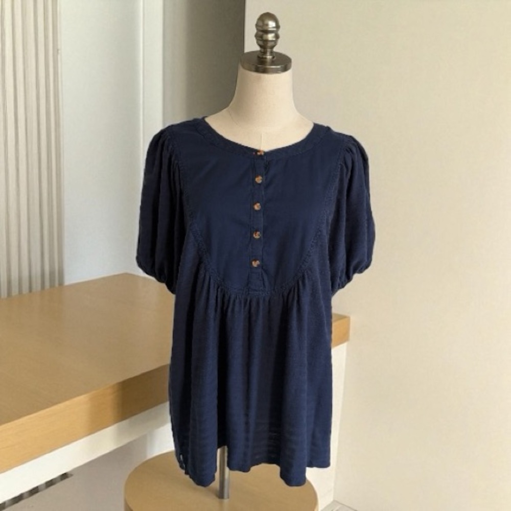 Anthropology Elinor Puff Sleeves Navy Blue Top